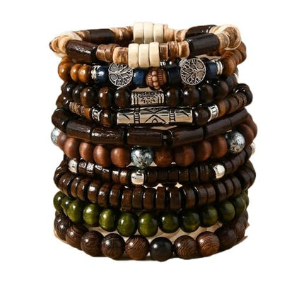 Handcrafted Wooden Bead Bracelets, Multi-Style Set with Tree of Life Charms, Brown and Green Tones