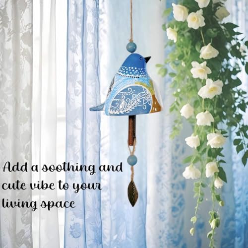 Cute Ceramic Wind Chimes for Outside and Indoor, Memorial Windchime with Soothing Melodic Tones, Gifts for Mom, Garden Patio Balcony Home Decor Hanging Windchimes (Single Bird-Blue)