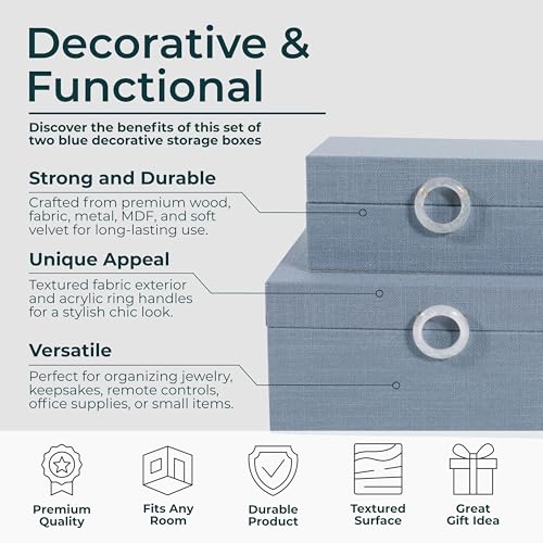 Sagebrook Home Set of 2 Decorative Storage Boxes with Lids - Fabric Covered MDF & Wood, Acrylic Handles - Home & Office Organizer - 9" & 7" Blue