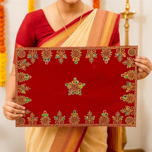 Handcrafted Velvet Puja Chowki Aasan Cloth with Rich Golden Zari Embroidery, Traditional Indian Decorative Pooja Altar Cover for Home Mandir, Temple Décor - 11x18 Inch (Red)