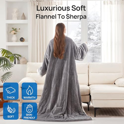 Westinghouse Electric Snuggle Throw Blankets with Foot Pocket, Wearable Heated Blanket with Sleeves, 6 Heating Levels & 2 to 10 Hours Heating Time Settings, 50 * 70"+18", Light Grey - color: Light Grey&ivory, size: 70*50" Heated Snuggle Blanket