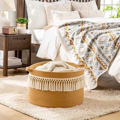 KAKAMAY Large Blanket Basket (20"x13"),Woven Baskets for storage Baby Laundry Hamper, Cotton Rope Blanket Basket for Living Room, Laundry, Nursery, Pillows, Baby Toy chest (Brown Fringe) - color: Brown Fringe