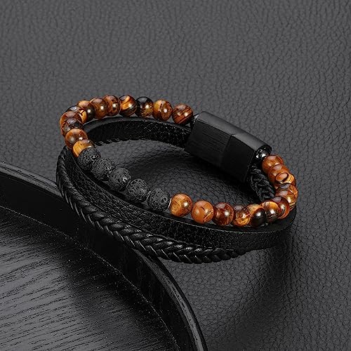 Leather Bead Bracelets for Men, Natural Tiger Eye Lava Rock Stone Bead Magnetic Clasp Adjustable Leather Bracelets Stress Relief Mens Anxiety Bracelet Mens Jewelry Gifts - style: Black Leather-Tiger Eye&Lava Rock