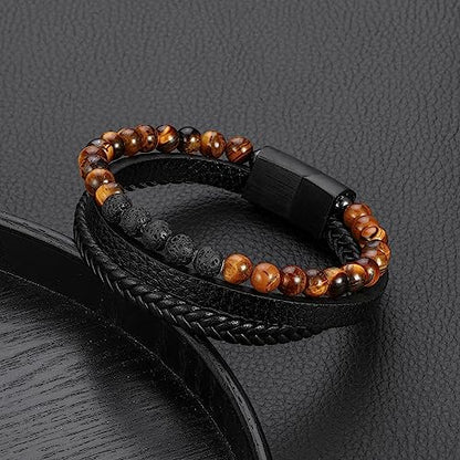 FOCOOG Leather Bead Bracelets for Men, Natural Tiger Eye Lava Rock Stone Bead Magnetic Clasp Adjustable Leather Bracelets Stress Relief Mens Anxiety Bracelet Mens Jewelry Gifts - style: Black Leather-Tiger Eye&Lava Rock