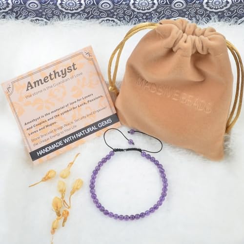 MASSIVE BEADS Handmade Yoga Natural Stone Crystal Healing Power Energy Gifts for Unisex Adult Bracelet Macrame Adjustable - color: Amethyst(Love Guardian), size: 4mm