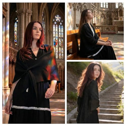Cashmere Blend Shawl Wraps for Women,Cashmere Poncho Pashmina for Women Travel Scarf for All-Season with Gift Box - color: Black