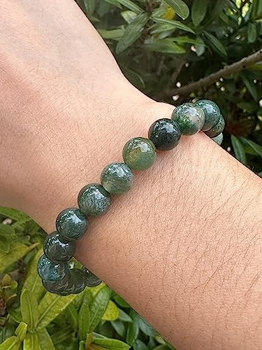GAF TREASURES Crystal Bead Bracelet, Genuine Stretch Gemstone Bracelet, Healing Crystal Bracelet, Gift for Men & Women - color: Moss Agate, size: 2 Bracelets