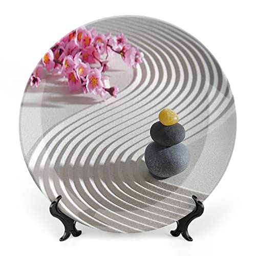 XISUNYA 6 Inch Decorative Plate, Spa Ceramic Stoneware, Japanese Zen Stones of Meditation Sand with Orchids Relax Print Ceramic Wall Hanging Decor Accessory for Dining Table Tabletop Home Decor - color: Pearl Pink Dimgrey 1234, size: 6 Inches Decorative P