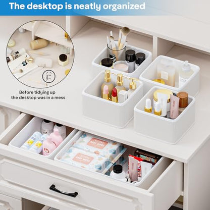 Vegan Leather Drawer Organizers,12 Pack Makeup Storage boxes,Vanity Drawer Luxury upgrade,Bedroom fabric Drawers replacement,bathroom organization and storage Optimal solution