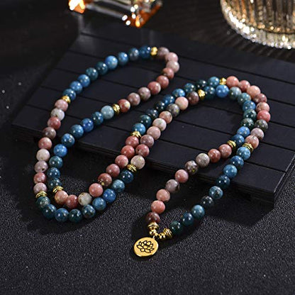 LIUANAN 108 Mala Beads 8mm Natural Bracelet Healing Gemstone Yoga Meditation Hand Knotted Mala Prayer Bead Necklace - color: Apatite