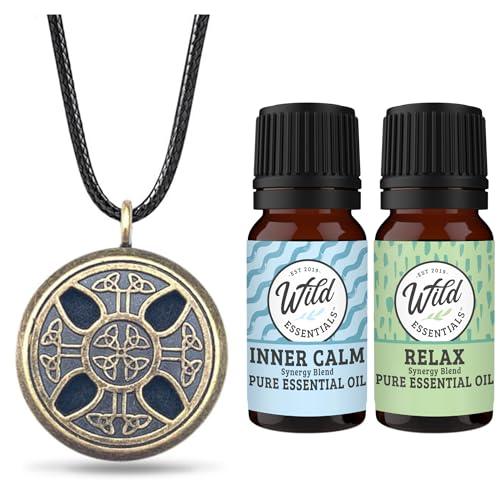 Wild Essentials Celtic Cross Aged Brass Necklace Essential Oil Diffuser Kit, Lavender, Lemongrass, Peppermint, Orange Oils, 12 Pads, Calming Aromatherapy Gift Set, Customizable Color Changing, Perfume - color: Bronze Celtic Cross, size: 2 Oils