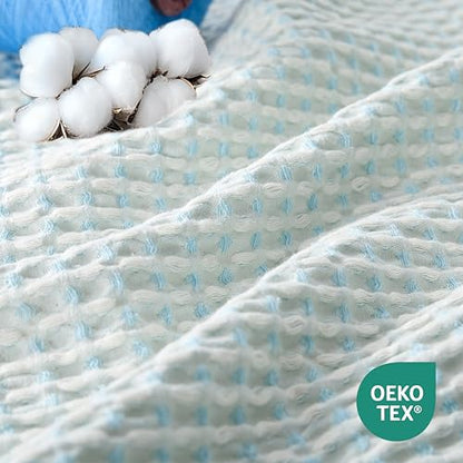 Lightweight Cotton Waffle Throw Blanket, Modern Two-Tone Check Pattern, Soft & Breathable for Bed, Couch, Sofa, All Seasons –Light Blue/White, 50"x60" - color: Blue/White, size: King