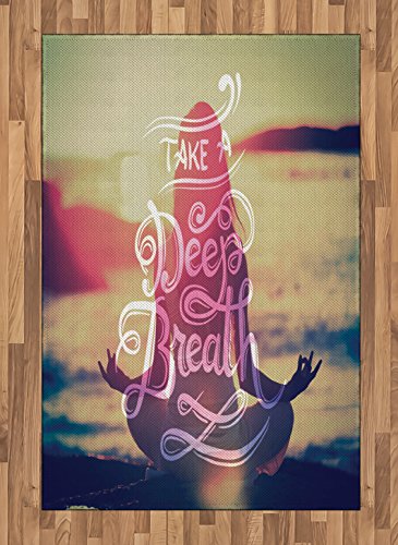 Ambesonne Yoga Area Rug, Woman on Tranquil Summer Beach Meditating Peaceful Calm Sunset Motivation Phrase, Flat Woven Accent Rug for Living Room Bedroom Dining Room, 4' X 5' 7", Multicolor