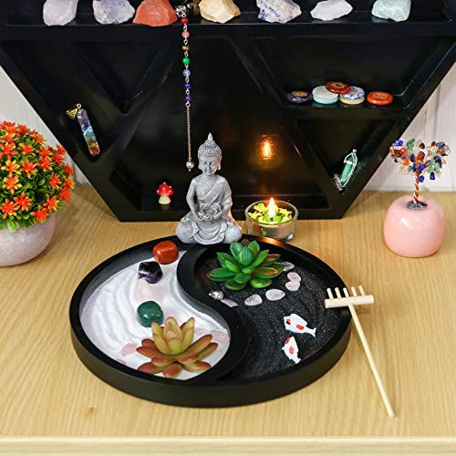 BangBangDa Buddha Meditation Zen Garden Kit - Home Office Tabletop Taiji Yin Yang Sand Garden Altar Zen Decor Zen Gifts DIY Mini Chakra Crystal Quartz Rock Garden w/Nature Healing Stone Rake Tool