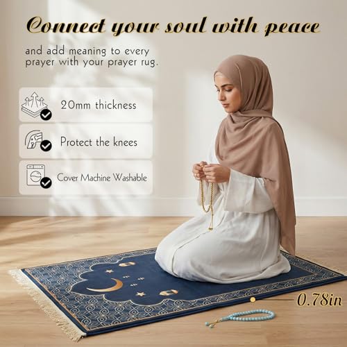Muslim Prayer Mat 2-in-1 Travel Rug with Removable Washable Cover, Thick Foam Janamaz Sajadah, Minimalist Star & Moon Islamic Design, Non-Slip, 31.5"x47.2" - color: Green