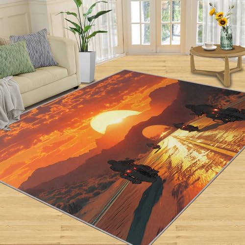 Motorcycle Area Rug, American Highway Rugs for Bedroom, Sunset Landscape Rugs for Living Room, Low Pile & Non Slip, Indoor Carpet, 6x9 Washable Rug & Home Decor - color: American Highway, size: 6' W x 9' L