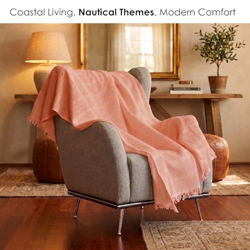 Mira Waffle Throw Blanket with Tassels - 50x66 Inch - 100% Turkish Cotton Tencel Breathable Blend Lightweight Blanket for Couch, Sofa, Bed - color: Salmon