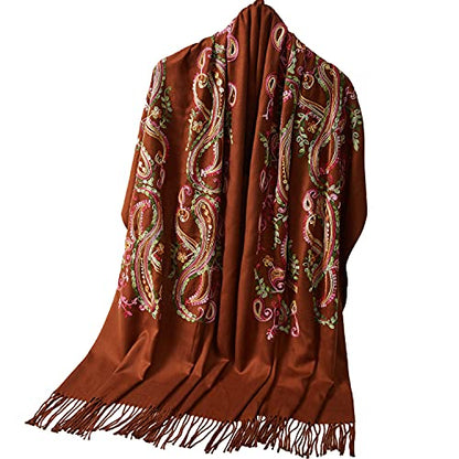 Embroidered Brushed Shawl Paisley Leaves Pattern Scarf Soft Ponchos Wrap Cape With Fringes - color: 012-sienna