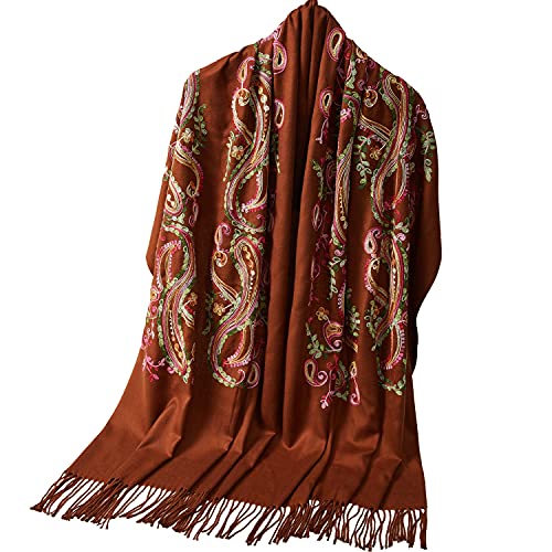 Embroidered Brushed Shawl Paisley Leaves Pattern Scarf Soft Ponchos Wrap Cape With Fringes - color: 012-sienna