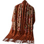 Embroidered Brushed Shawl Paisley Leaves Pattern Scarf Soft Ponchos Wrap Cape With Fringes - color: 012-sienna