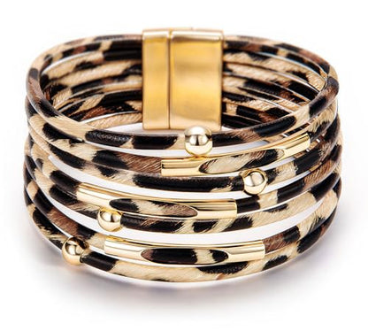 Fesciory Leopard Bracelet for Women, Boho Leather Wrap Multi-Layer Pearl Crystal Bracelet Bangle Jewelry - style: Brown Leopard