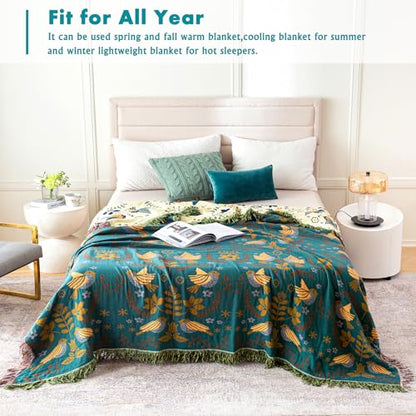 Throw Blanket for Couch Bed Cozy Cotton Blankets Twin,Soft Gauze Boho Throw Blanket Birds and Floral Doubel Side Embroidery,60"x80" Comfy Muslin Bed Blankets
