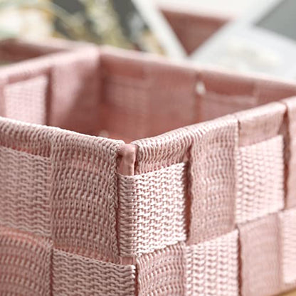 Decorative Woven Strap Divided Basket, Bathroom Storage Bins with Compartment, Bedroom Organization Container with 4 Sections (Pink)