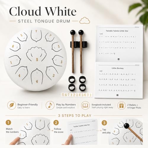 Rain Drum for Outside Garden, MIUYA 6 Inch 11 Notes Steel Tongue Drum for Adults, Beginner Percussion Instrument for Meditation Yoga, Cloud White - color: Cloud White