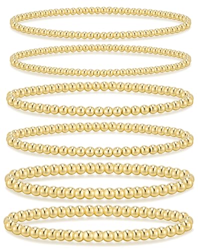 Gold Bracelets for Women Waterproof, 14K Gold Plated Beaded Strand Bead Ball Bracelets stack Adjustable Jewelry Set for Gifts
