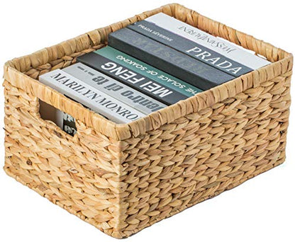 Natural Woven Water Hyacinth Wicker Rectangular Storage Bin Basket with Handles, Large - size: Large