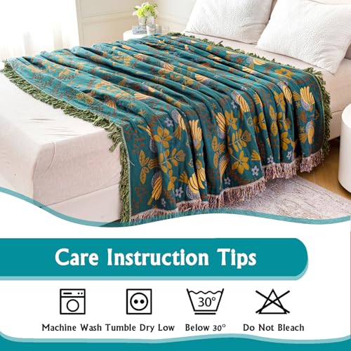 Throw Blanket for Couch Bed Cozy Cotton Blankets Twin,Soft Gauze Boho Throw Blanket Birds and Floral Doubel Side Embroidery,60"x80" Comfy Muslin Bed Blankets