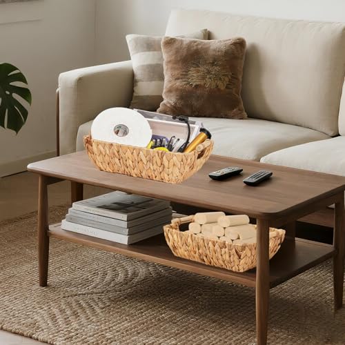Wicker Storage Baskets with Wooden Handles, Hand-Woven Water Hyacinth Storage Organizers for Throw Blankets, Bedroom, Living Room, Laundry(2 Pack)