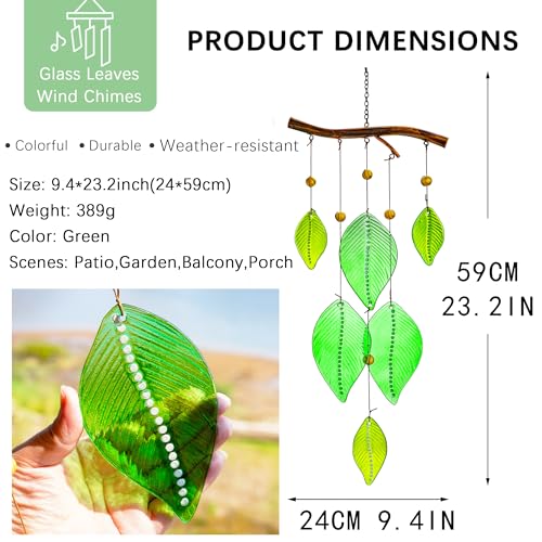 Glass Wind Chimes for Outside,Unique Handmade Windchimes Outdoors with Stained Glass Leaves for Home Window Garden Yard Patio Decor Ornament for Christmas Tree,Green 20"