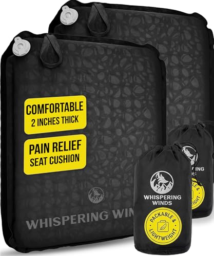 Whispering Winds Inflatable Seat Cushion - Comfortable Blow-up Foam Pad for Airplane, Travel, Stadium, Outdoors, Camping, Car & More - color: Black - 2pack, size: Large