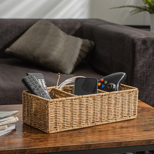 myHomeBody Wicker Basket With 3 Compartments, For Toilet Tank Paper Rolls, Hand Woven Bathroom Countertop Organizer, Bedroom Organization, 1pc, Tan - color: Tan