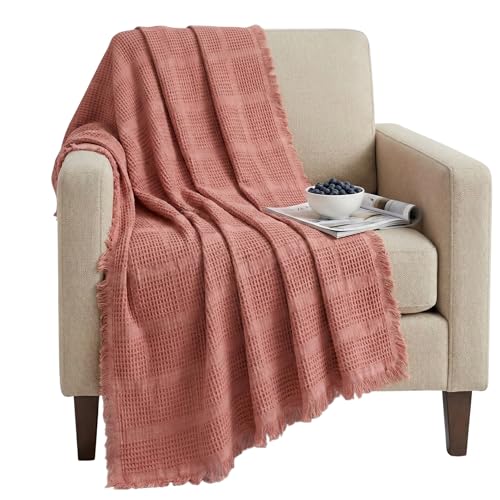 Mira Waffle Throw Blanket with Tassels - 50x66 Inch - 100% Turkish Cotton Tencel Breathable Blend Lightweight Blanket for Couch, Sofa, Bed - color: Salmon