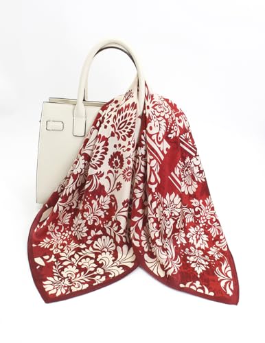 ANDANTINO 100% Mulberry Silk Square Scarf for Hair-25.6" X25.6'' Women Men Natural Silk Neckerchief Digital Printed Headscarf - color: Floral-dark Red