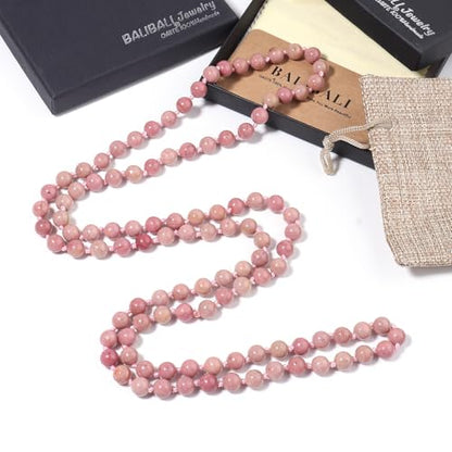 Beaded Necklace Hand Knotted for Woman - color: Rhodonite
