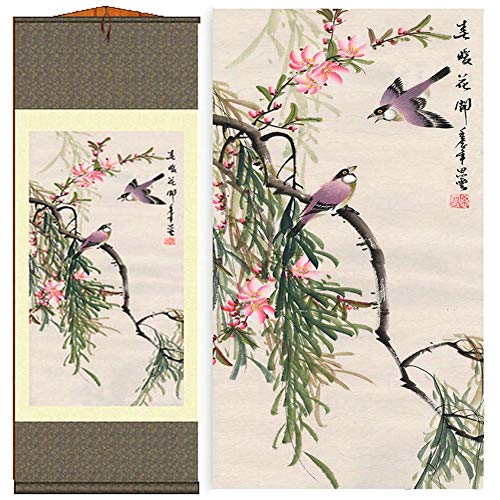 AtfArt Asian Wall Decor Beautiful Silk Scroll Painting Birds - Magpie - Spring Blossoms Oriental Decor Chinese Art Wall Scroll Wall Hanging Painting Scroll (36.2 x 12 in) - color: E02