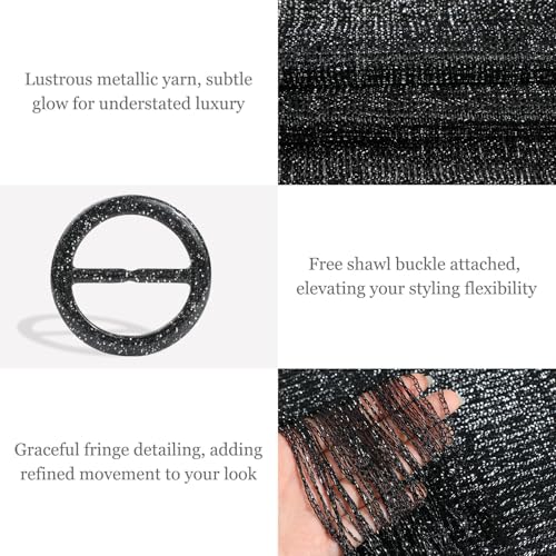 Sumolux Shawls Wraps for Evening Dresses Metallic Glitter Shawls Scarf for Women Sparkling Wedding with Free Buckle - color: Black With Silver Threads