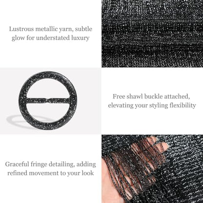 Sumolux Shawls Wraps for Evening Dresses Metallic Glitter Shawls Scarf for Women Sparkling Wedding with Free Buckle - color: Black With Silver Threads
