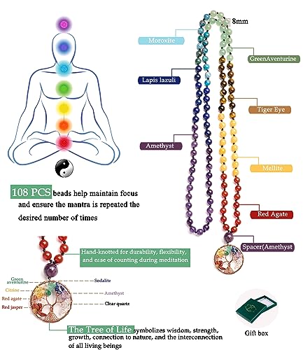 Bivei 108 Mala Beads Necklace Life Tree 7 Chakra Wrap Bracelet Real Healing Gemstone Yoga Meditation Hand Knotted Mala Prayer Bead Necklace - color: 7 Chakras Stone, size: 8mm