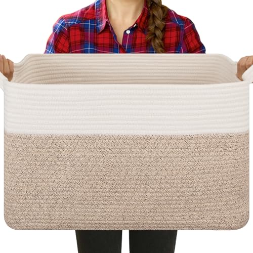 Blanket Basket for Living Room, Cotton Rope Basket for Storage, Toy Baskets Bin for kids, Woven Baskets with Handles for Clothes, Towels, Pillows, 20" x 16" x 12", Brown and White - color: Brown & White, size: 19.7"x15.8"x11.8"