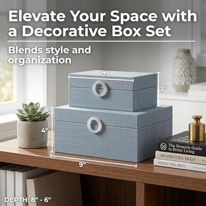 Sagebrook Home Set of 2 Decorative Storage Boxes with Lids - Fabric Covered MDF & Wood, Acrylic Handles - Home & Office Organizer - 9" & 7" Blue