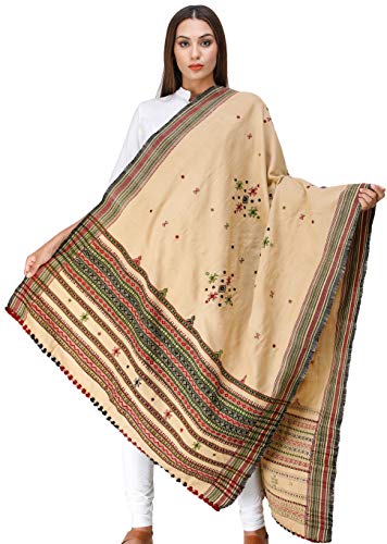 Exotic India Shawl from Kutch with Embroidered Bootis and Mirrors - Wool - color: Beige