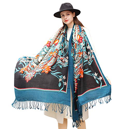 100% Merino Wool Pashmina Shawl for Women 96"x43", Oversized Cashmere Wrap with Tassels, Floral Travel Blanket Cape - color: Black Teal Paisley Bloom