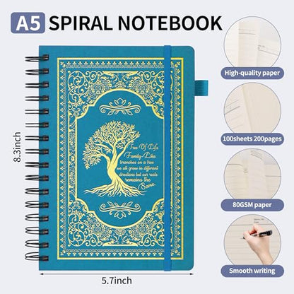 A5 Hardcover Spiral Notebook Tree of Life Journal Daily Journals for Writing Travel Notebooks Journal for Women Men 80GSM Paper Leather Spiral Journal,5.7"x8.3"（Spiral Tree -Light Blue) - color: Spiral Tree of Life-light Blue