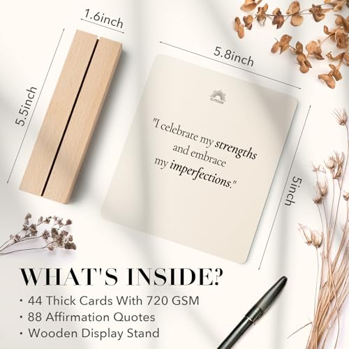 Positive Affirmation Cards with Wooden Display Stand, 88 Mindful Quotes for Daily Reflection, 720 GSM Inspirational Cardstock, Personal Growth & Office, Home Decor Gift for Men & Women