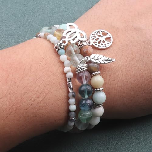 Tree of Life Yoga Healing Stone Bracelets,Multilayer Lotus Chakra Stone Reiki Bracelet Sets,Anxiety Crystal Natural Stone,for Women Stress Relief - style: Amazonite + Fluorite