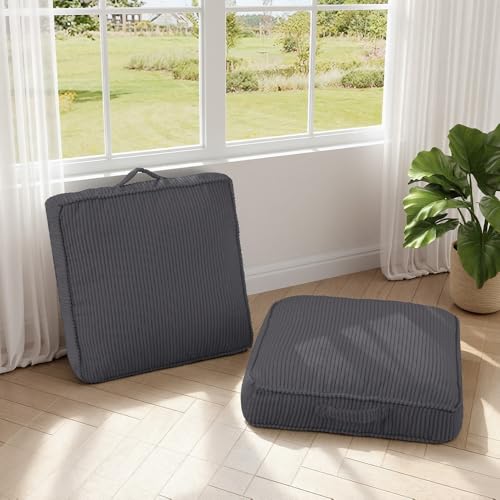 Floor Pillow for Adults Set of 2, 4" Square Floor Cushions with Washable Cover, Large Corduroy Meditation Pillow, 24 inches Tatami Seat with Handle for Living Room or Yoga, Dark Grey - color: Dark Grey, size: 24x24x4.2 inch